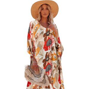 Women's Red Floral 100% Viscose Kaftan for Bathing Swimsuit Cover Up Beach Dress